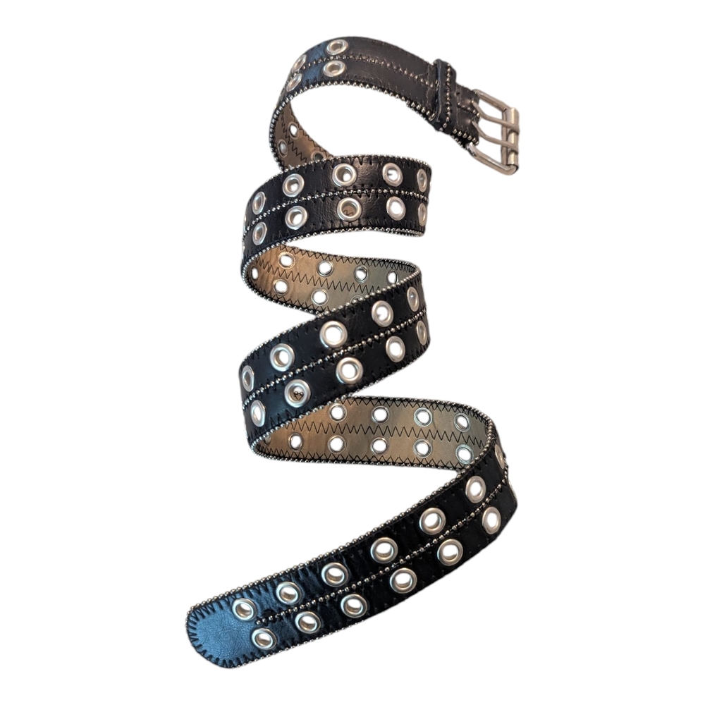 Black Silver Tone Shot Bead Riveted Double Prong Faux Leather Belt Women's XL 45